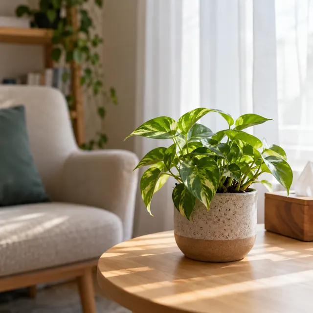 Planta en maceta sobre una mesa redonda de madera, entre dos sillones