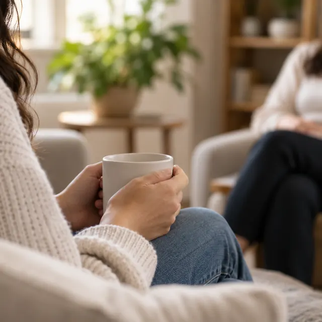 Manos que sostienen una taza durante una charla en el consultorio